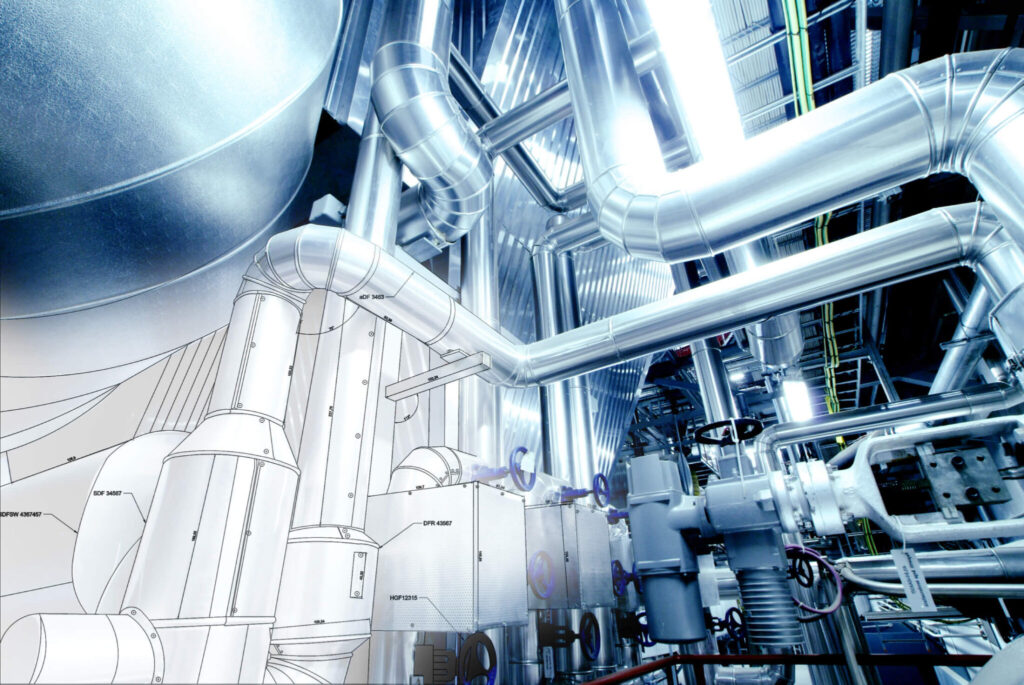 Wireframe render of building services running through a plant room