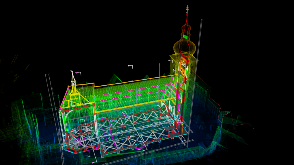 Registered point cloud of a church, shown isometrically in survey colours