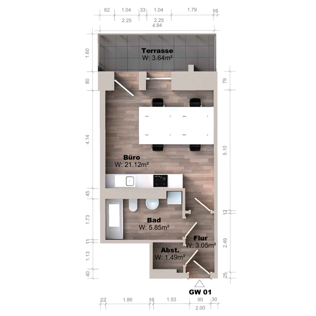 Rendered 3D floor plan of unit GW 01 with office, bathroom, hallway, storage room and terrace, including floor areas.