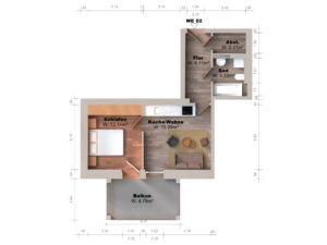 Gerenderter 3D-Grundriss der Wohnung WE 02 mit Schlafzimmer, Küche-Wohnen, Bad, Flur, Abstellraum und Balkon inklusive ausgewiesener Wohnflächen. Bestandsplan vs. gerenderter Grundriss – Vergleich Metrika360