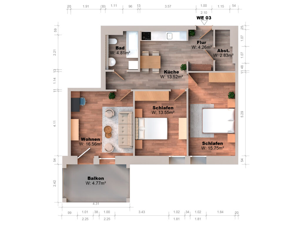 Rendered 3D floor plan of apartment WE 03 with three rooms, kitchen, bathroom, hallway, storage room and balcony, including stated living areas.