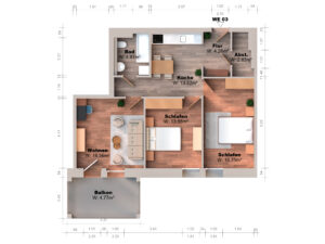 Gerenderter 3D-Grundriss der Wohnung WE 03 mit drei Zimmern, Küche, Bad, Flur, Abstellraum und Balkon inklusive ausgewiesener Wohnflächen. Bestandsplan vs. gerenderter Grundriss – Vergleich Metrika360