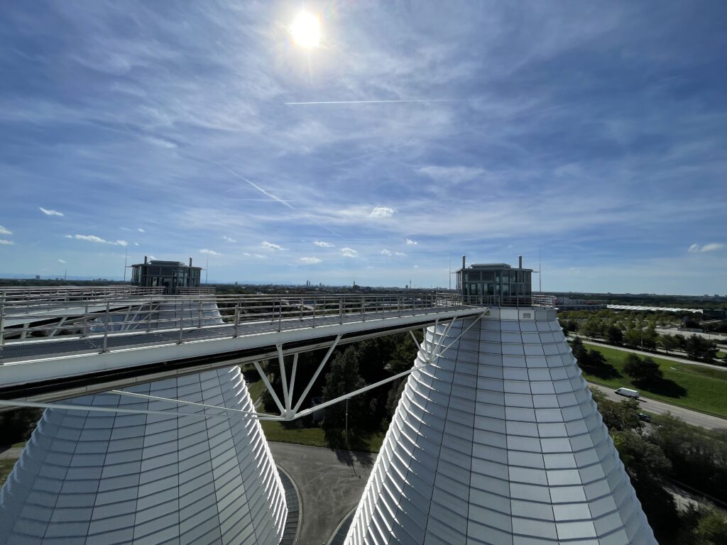 Aerial view of two circular tanks and access walkways at a treatment plant