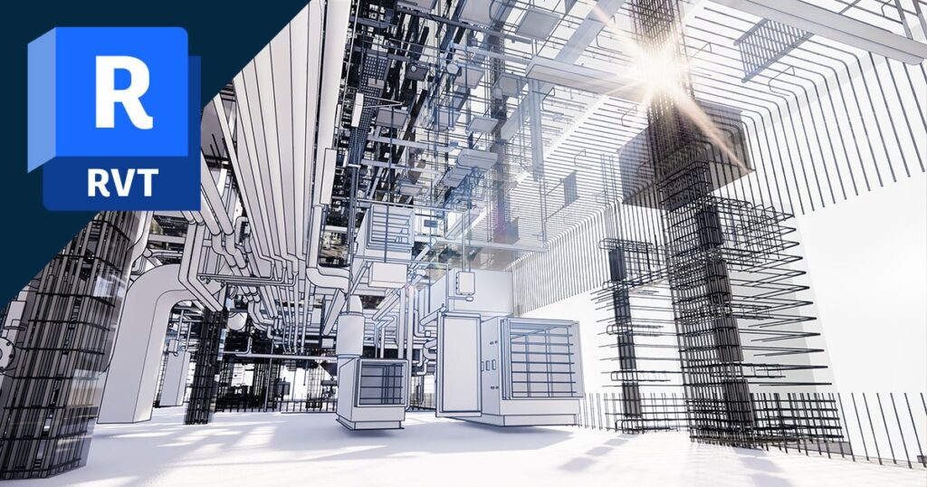 Revit model of a building complex shown as a wireframe render