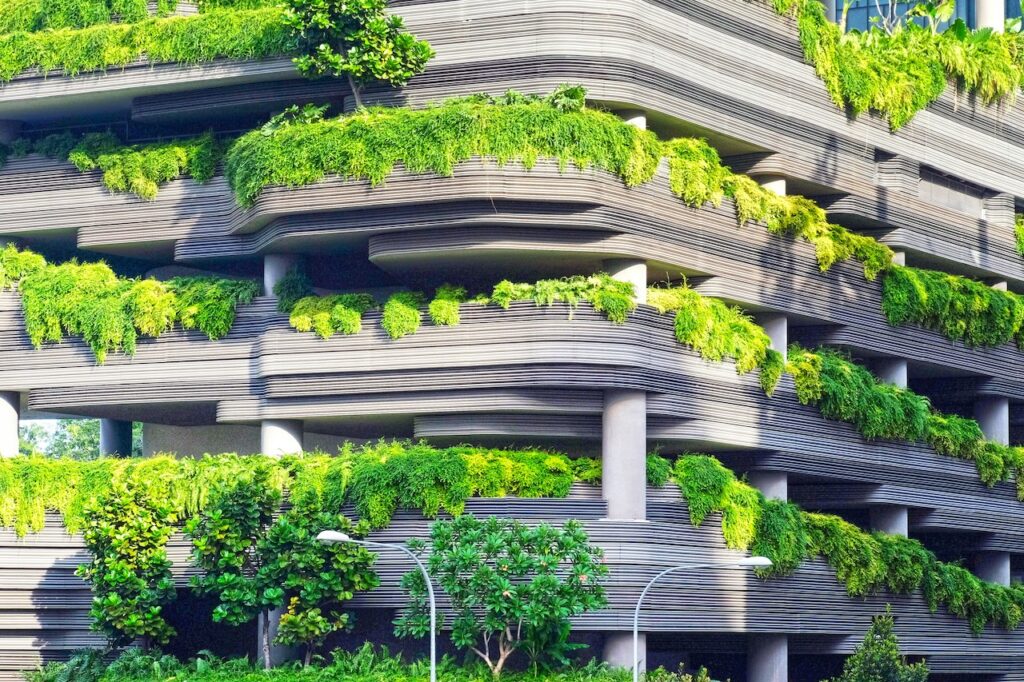 Facade of an office building with planted terraces on every storey