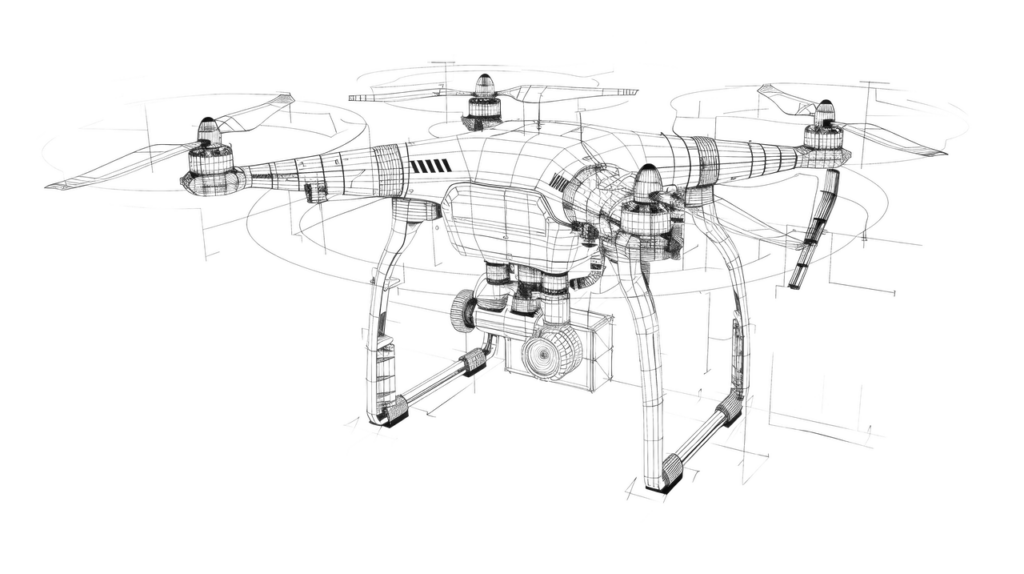 Wireframe model of a survey drone rendered on a dark background