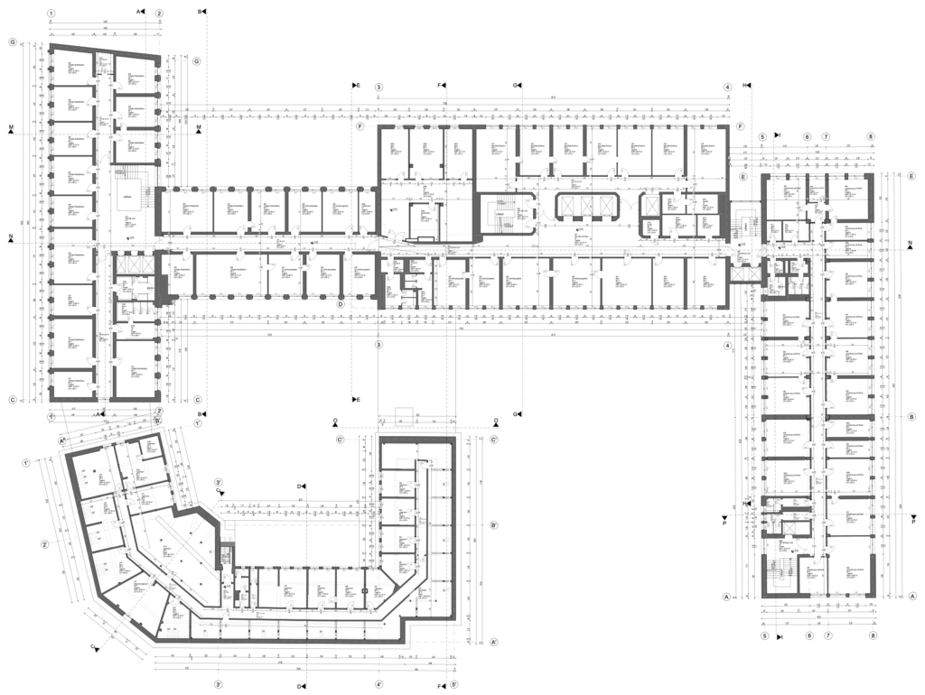 Measured floor plan of a large building, drawn as a black and white line plan